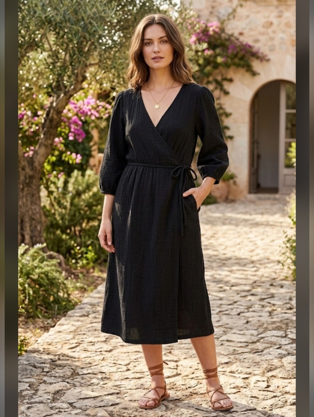 Hema Black Textured Long Sleeve Wrap Midi Dress Size L